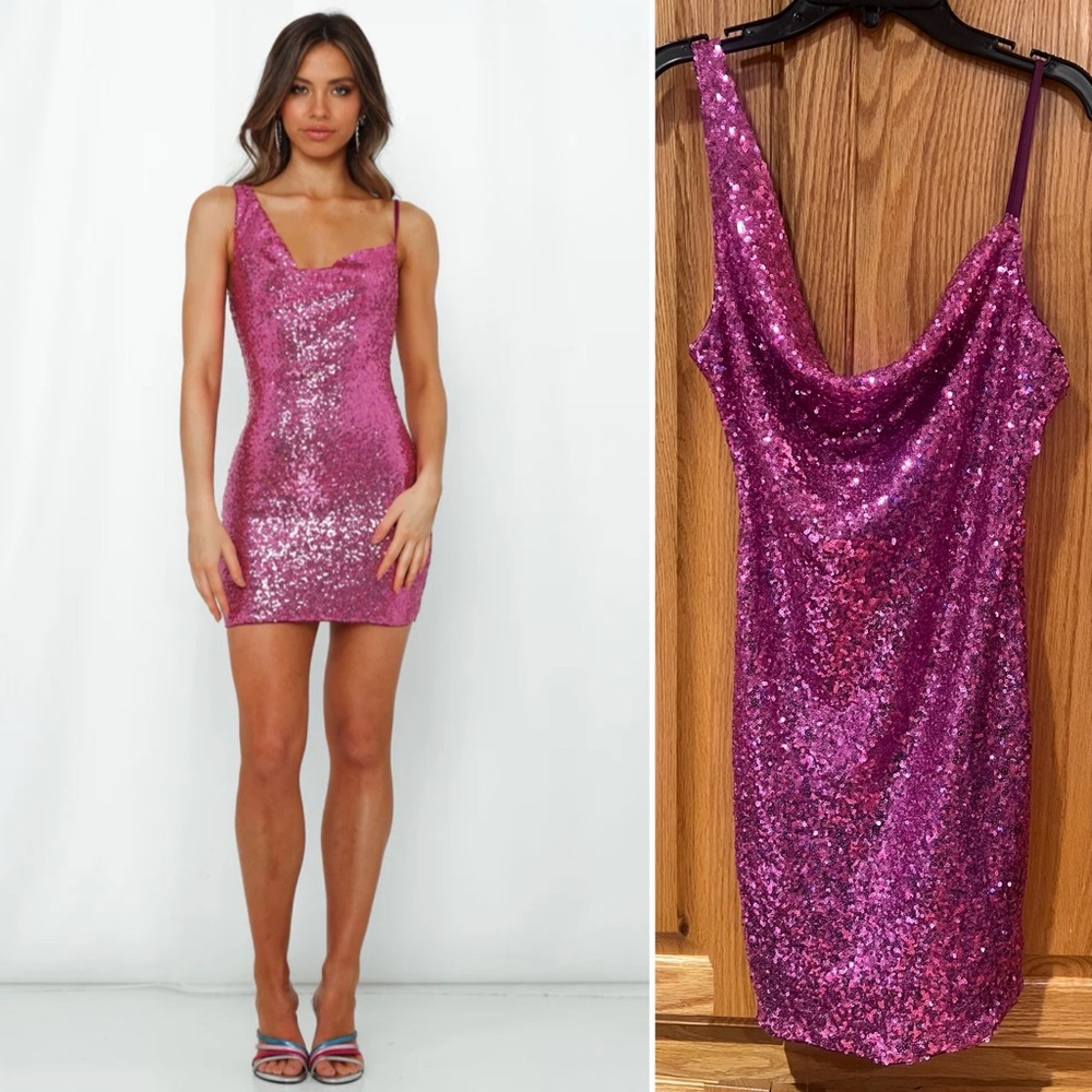 Hello Molly Citadel Skies Cowl Neck Deep Open Back Sequin Mini Dress Pink Size 2